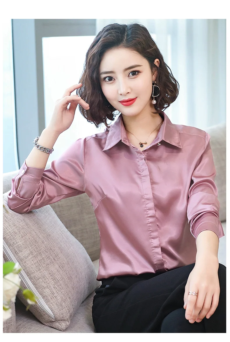 shirts & tops Elegant Office Ladies Work Shirt Women Blouse Long Sleeve Lapel Hidden Buttons Bright Basic Satin Silk Women Shirt Female Tops long sleeve tops