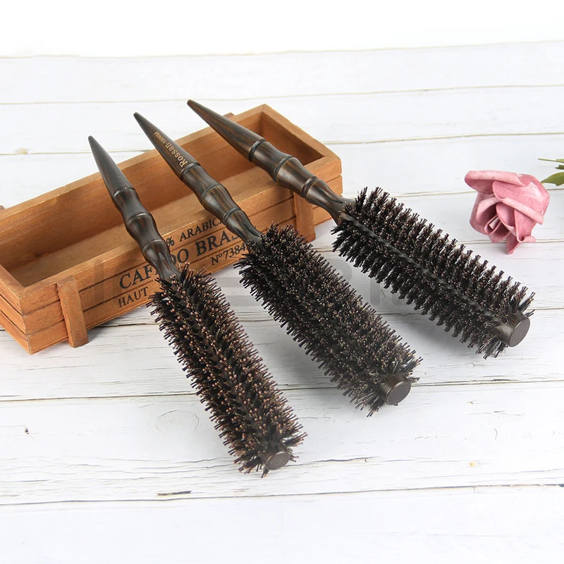 3 Sizes Barber Salon Natural Boar Bristle Comb Wood Handle Sharp Tail Hair Rolling Hairbrush Round Barrel Blowing Hair Comb 1601 2