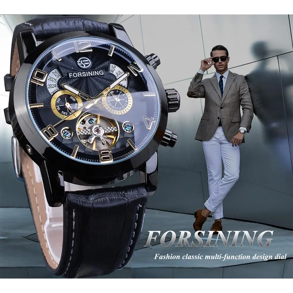 Skup Forsining Tourbillion Fashion Wave czarny złoty zegar Multi ekran funkcyjny męskie automatyczne mechaniczne zegarki Top marka Luxury