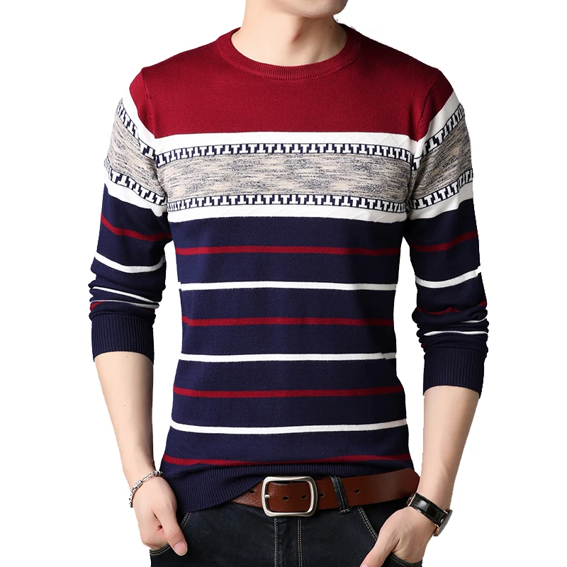 

BROWON Brand-sweater 2019 Autumn Winter Warm Pullover Knitted Sweater Slim Fit Sweaters Men Striped Mens Knitwear Sweaters