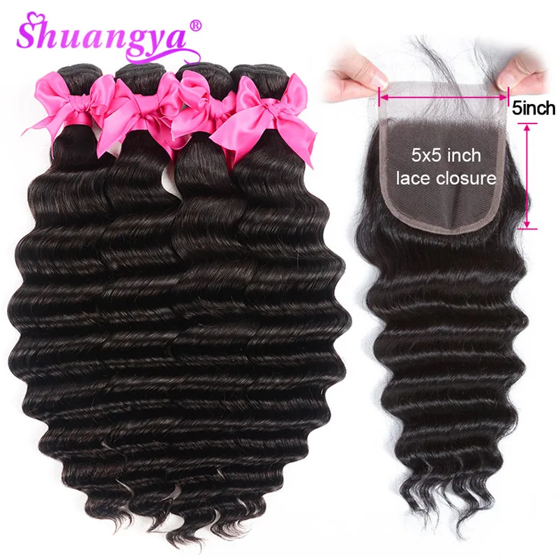 Свободные глубокие волнистые пряди, 5x5, волосы remy, пряди, перуанские человеческие волосы, 3/4 пряди с закрытием, волосы для наращивания Shuangya