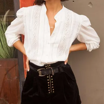 

Sweet Lace Patchwork Women's Blouse Spring Autumn Ladies Female Hollow Out White Long Sleeve Shirt And Top
