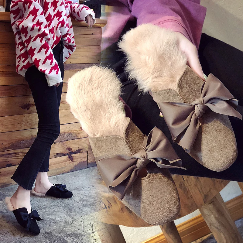 

Flock Women's Slippers 2019 Low Shoes Without Heel Shallow Heeled Mules Socofy Cover Toe Luxury Slides Pokemon Plush New Flat