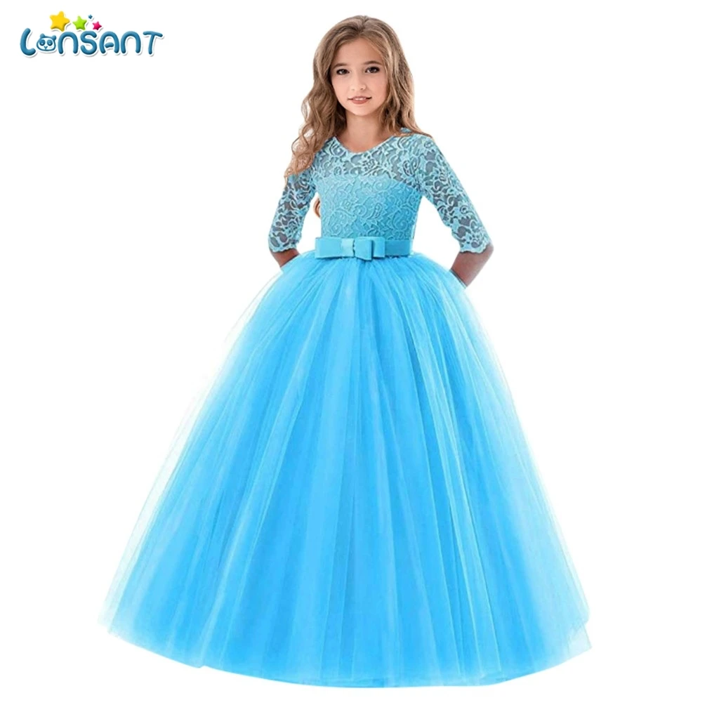 LONSANT/Детское платье с бантом, длинные кружевные Элегантные подростковые платья для выпускного вечера, вечерние платья принцессы для девочек на день рождения, N30