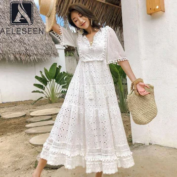 

AELESEEN White Summer Dress Women 2020 Runway Fashion Tassle Flare Sleeve Hollow Out Ruffles Elegant Party Holiday Long Dress