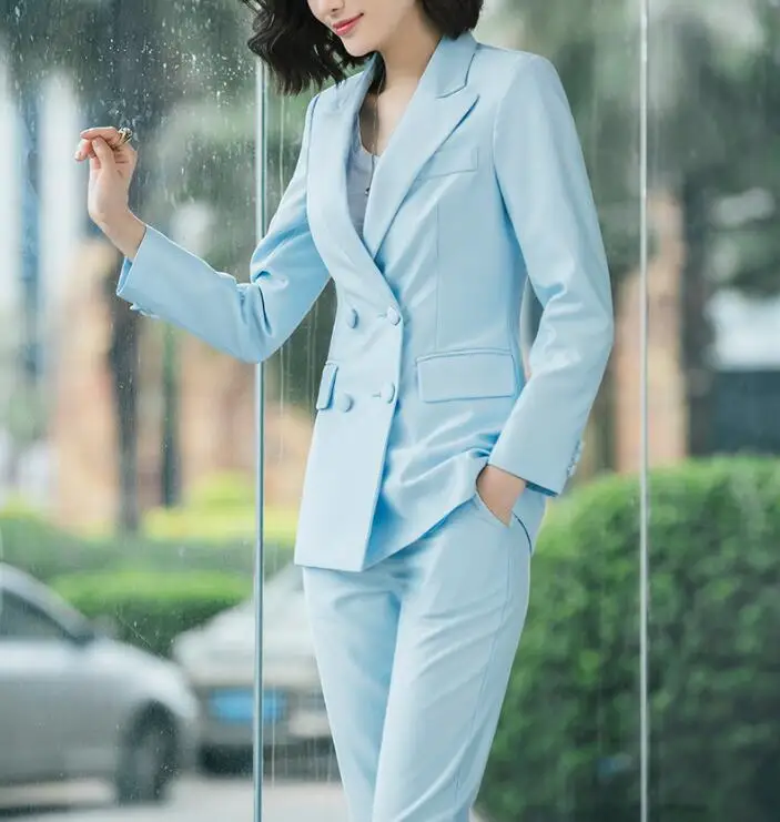 Брючный костюм для женщин, Офисная Женская одежда, деловой элегантный двубортный Повседневный блейзер с длинными рукавами, комплект из 2