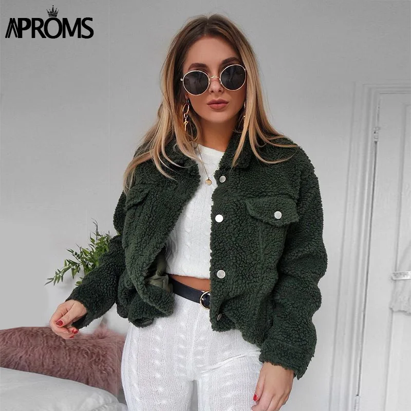 price cut  Aproms Khaki Oversized Buttons Jackets Women Winter Fashion Warm Teddy Coats Autumn Outerwear Femal