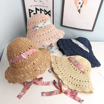 

Girls Summer Caps Color Ribbon Decorate Wavy Straw Hats For Girls Children Panama Hat Baby Sun Hats Caps