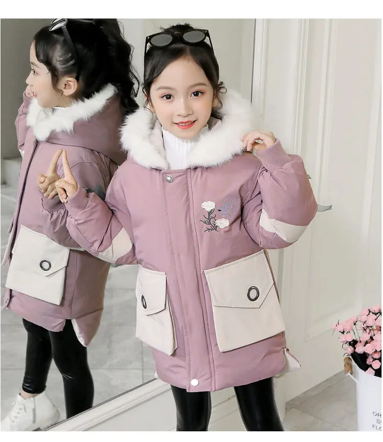 Детская одежда, зимняя меховая куртка с вышитыми цветами для девочек 3, 4, 5, 7, 9 лет, теплая верхняя одежда с хлопковой подкладкой и капюшоном