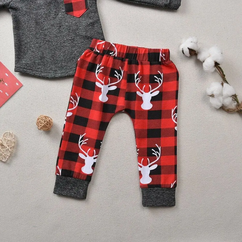 Рождественские комплекты одежды для маленьких мальчиков и девочек, От 0 до 3 лет пуловер с длинными рукавами, топ с капюшоном, клетчатые штаны, теплая одежда