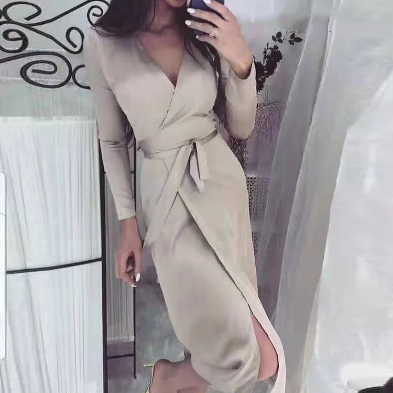 

TYHRU Autumn Women Solid Color V-neck Long Sleeve Strap Split Long Dress