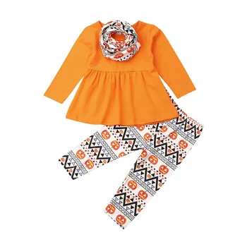 

3PCS Toddler Baby Girl Halloween Clothes long sleeve yellow Tops T-Shirt Pants Scarf 3 pcs Pumpkin Outfits 1-6Y