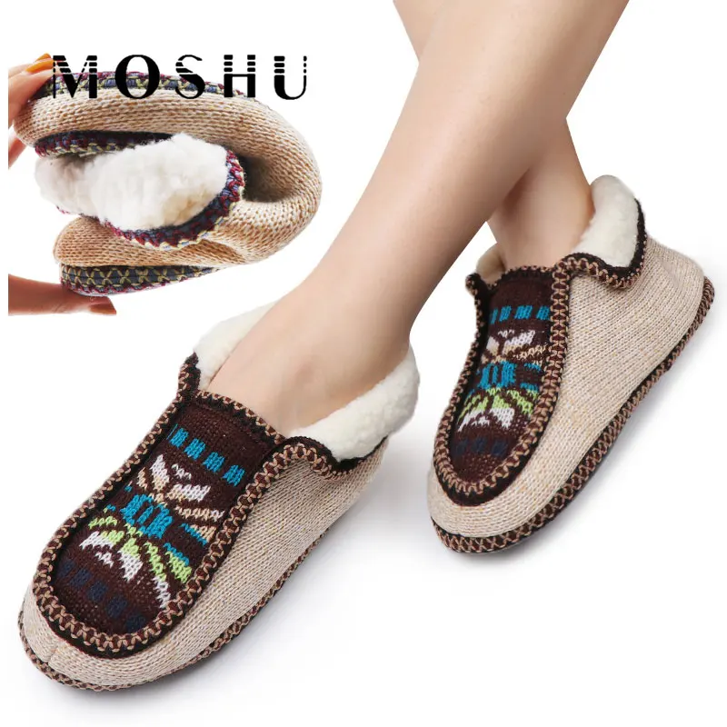

Ladies Indoor Slippers Women Fur Slides Home Warm Plush House Shoes Print Knitted Fluffy Slippers zapatillas casa mujer