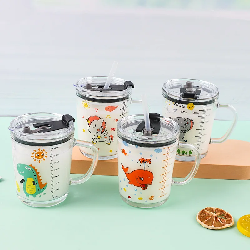

Heat Resistant Glass Cups Transparent Cup Straw Creative Coffee Microwave Breakfast Mug Simple Printed Taza Desayuno Gelas Set C