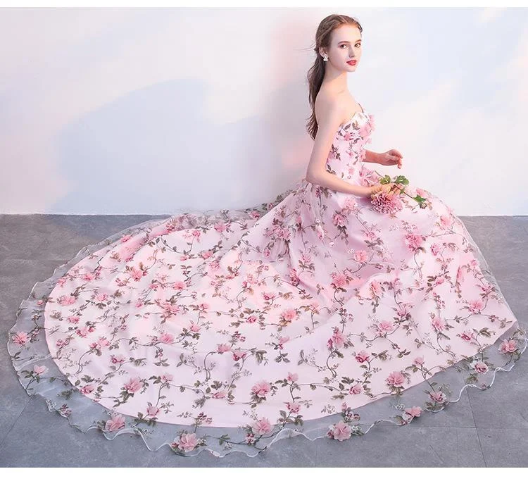 

Long Strapless Sweetheart Pink Flowers Dresses vestido de formatura longo Evening Gown Party Halloween