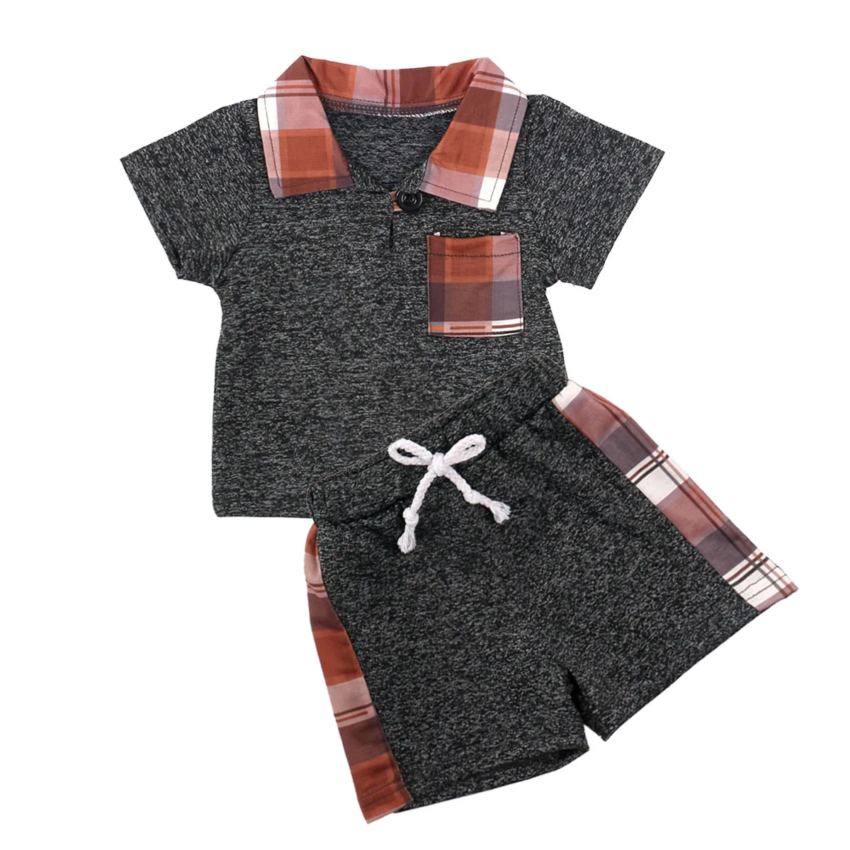 

Casual Baby Summer Suit Outfit Patchwork Pocket Turn-down Collar Short Sleeve Shirt Elastic Band Pants 2Pcs Little Boys Set