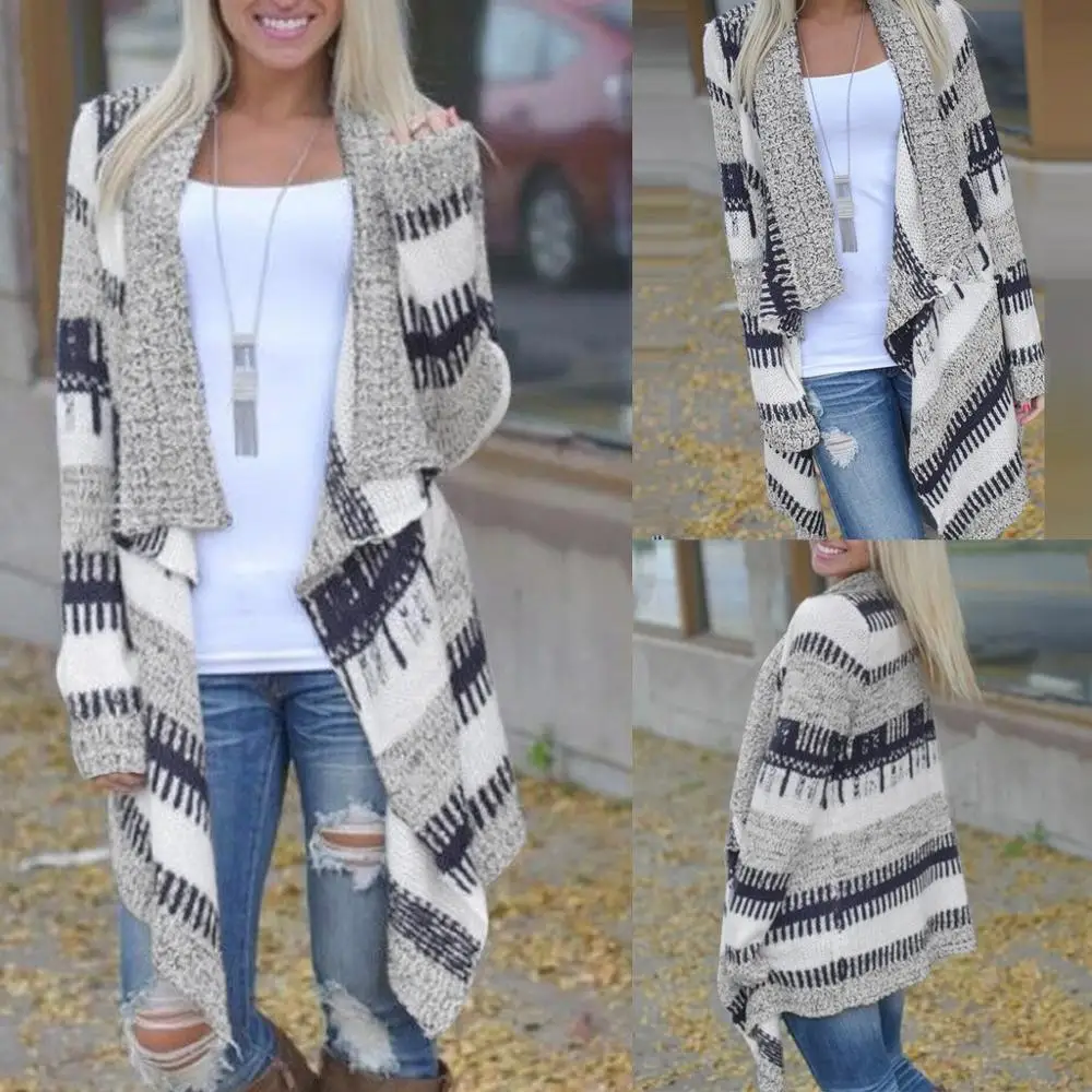 

Women Casual Soft Open Front Lightweight Sweater Contrast Color Long Sleeve Asymmetry Hem Striped Loose Cardigan Tops Outwears#D