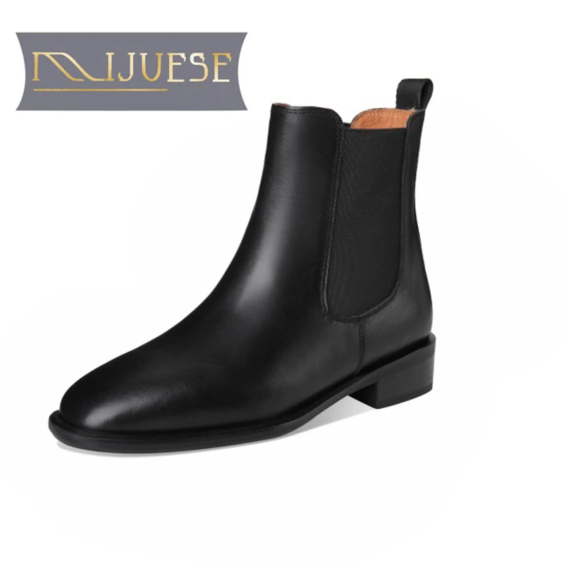 

MLJUESE 2021 women ankle boots soft Cow leather winter short plush slip on square toe high heels female Chelsea boots size 34-40