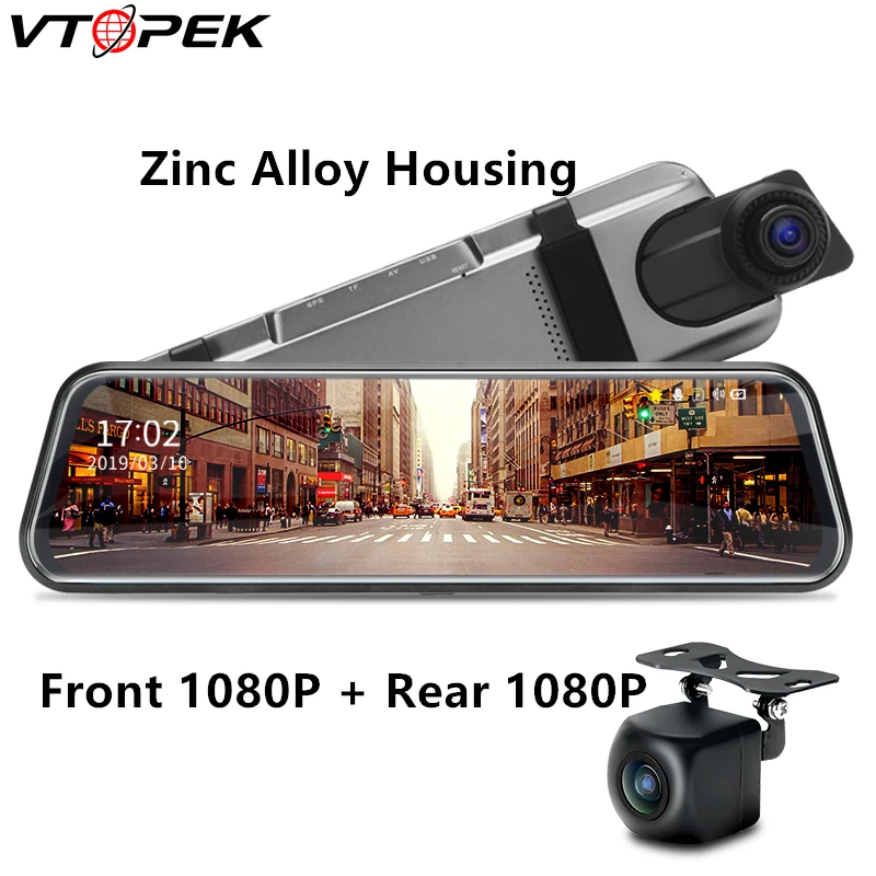 

Vtopek 10 Inch Touch Car Dvr Streaming Dash Camera FHD 1080P Mirror Recorder Dual cam With Rear View Camera Zinc Alloy Housing