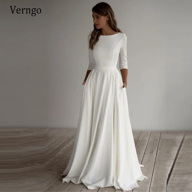 Verngo Simple Wedding Dress Long Sleeves A Line Crepe Boat Neck Elegant Bridal Dresses With Pockets Plus Size robe de mariee ivory