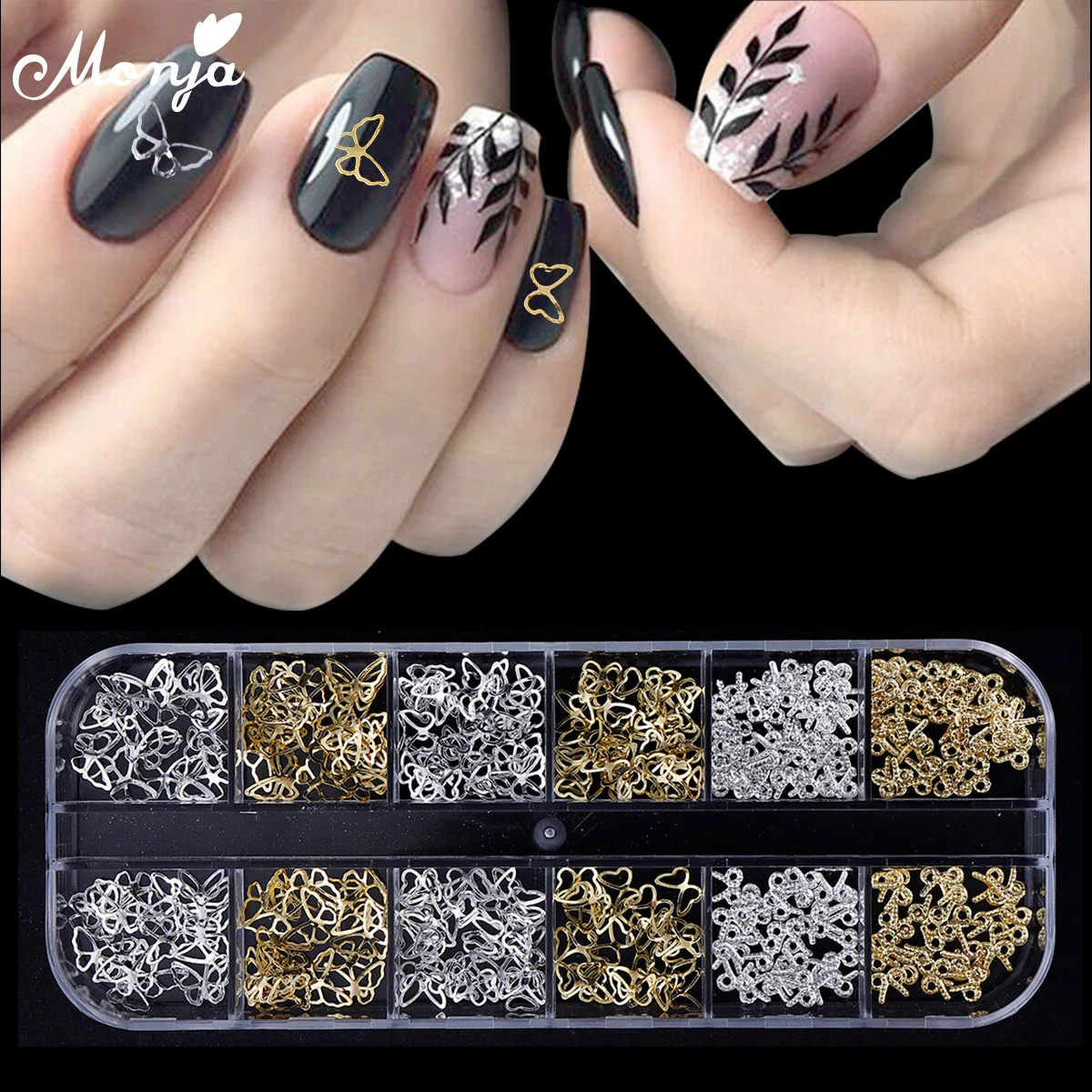 Monja 12 Grids/Box Gold Silver Butterfly Pattern Nail Art Glitter Flake  Multi shape DIY Decal Hollow Sequins Manicure Decoration|Rhinestones &  Decorations| - AliExpress