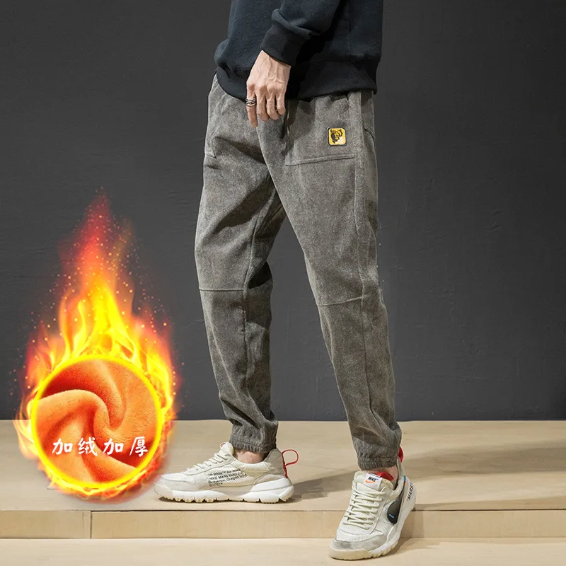 

E-BAIHUI Quality Cashmere Trousers Men Middle-aged Winter Plus Velvet Thick Warm Men's Corduroy Pants Loose Straight Pants M-4XL