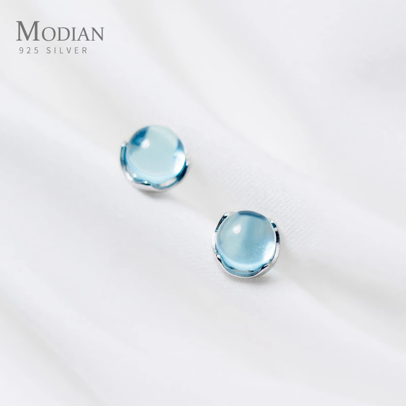 

Modian Luxury Blue Crystal Sky Color Opal Round Stud Earrings Classic Charm 925 Sterling Silver For Women Trendy Jewelry Gift