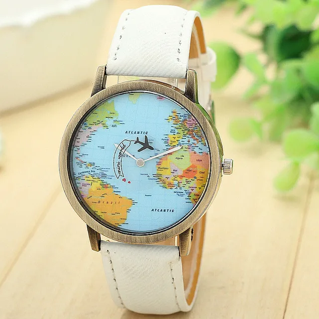 Hot Sale Mini World Fashion Quartz Watch Men Unisex Map Airplane Travel Around The World Women Leather Dress Wrist Watches 4