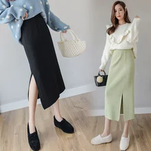 Осень, теплые женские юбки с разрезом, высокая талия, длинные вязаные юбки-карандаш, элегантный зимний свитер, вязаные юбки-карандаш