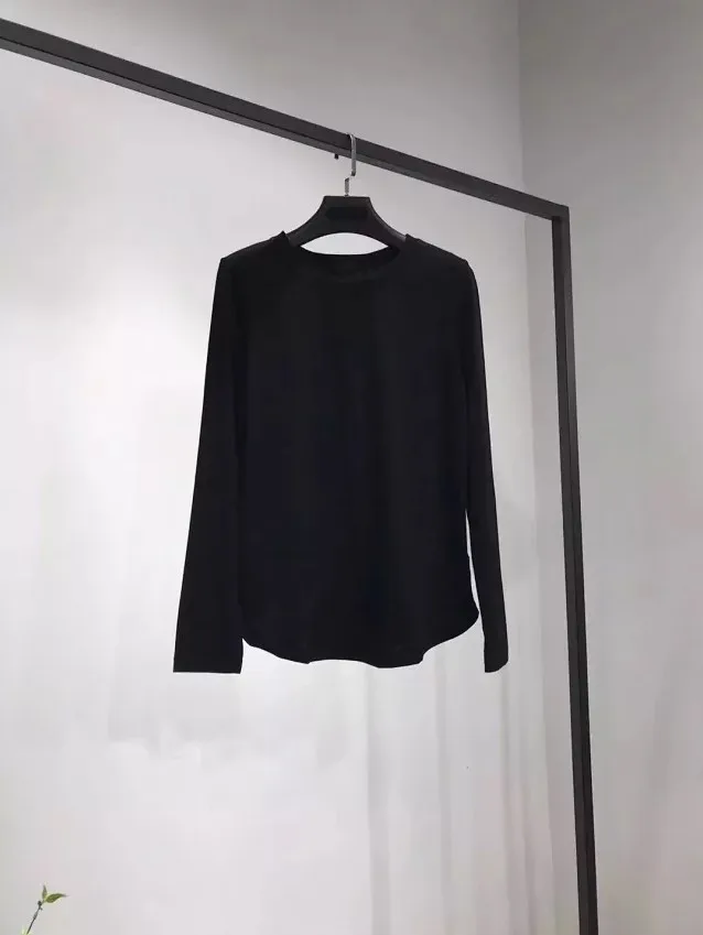 Black Базовая футболка из хлопка, Женская Однотонная футболка с круглым вырезом и длинным рукавом, топы - Цвет: Black