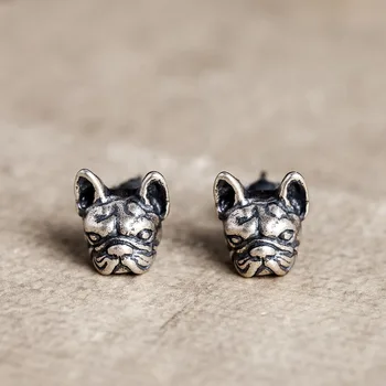 

New Style Vintage Cartoon Animal French Bulldog Head Stud Earrings Pure 100% 925 Sterling Silver Women Men Pet Dog Earring