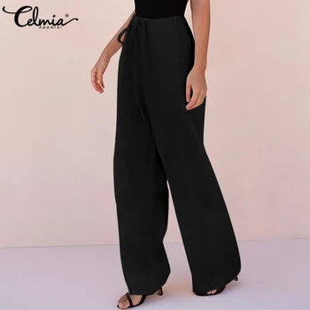 

Women High Waist Wide Leg Pants Celmia 2020 Fashion Cotton Linen Trouser Female Solid Long Palazzo Pockets Casual Loose Pantalon