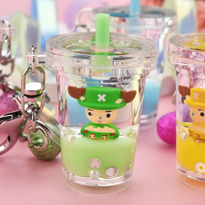 Acrylic Quicksand Milk Tea Cup Keychain Creative Floating Cartoon Chopper Anime Keyring for Men Boy Bag Pendant Key Chains Gifts | Украшения