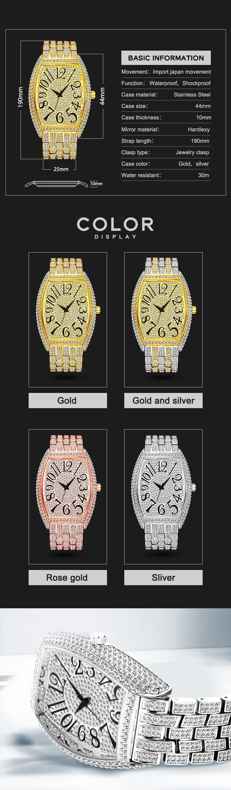 MISSFOX Ceas de aur pentru bărbați, ceasuri hip-hop bling bling tonneau cu cuarț pentru bărbați mari, impermeabil, ceas de mână Millerable_voghion.com