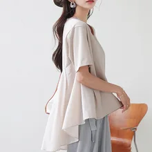 

Designer Japan Style Women Shirt Oversize Plain Casual Loose Short Sleeve O Neck Asymmetric Shirts Tees Female Tops Summer