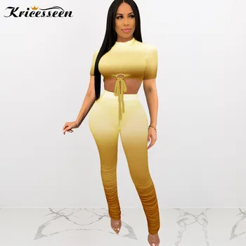 

Kricesseen Sexy Solid Bandage Two Pieces Pant Set Women Cut Out Lace Up Top And Long Pant Suits Tracksuits Matching Set