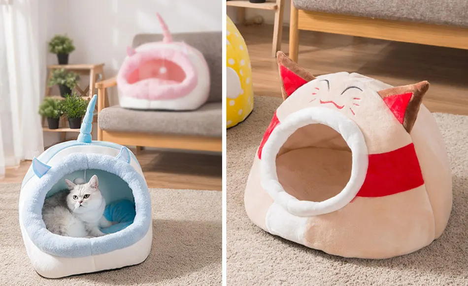 Cute Cat Bed Semi-closed Cats House Soft Warm Small Medium Dog Bed Pet House Built-in Fun Decoration for Cat Teddy Chihuahua Mat-114