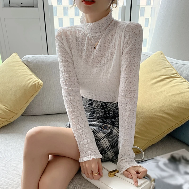 

Net Lace Base Shirt Temperament Hollow Out Base Top Half Turtleneck Transparent Autumn&Winter Bottoming Shirt Long Sleeve Women