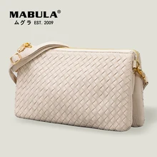 

MABULA 3 pockets Women Woven Leather Messenger Evening Small Handbag Braided Shoulder Bag Handmade Purse with Chain