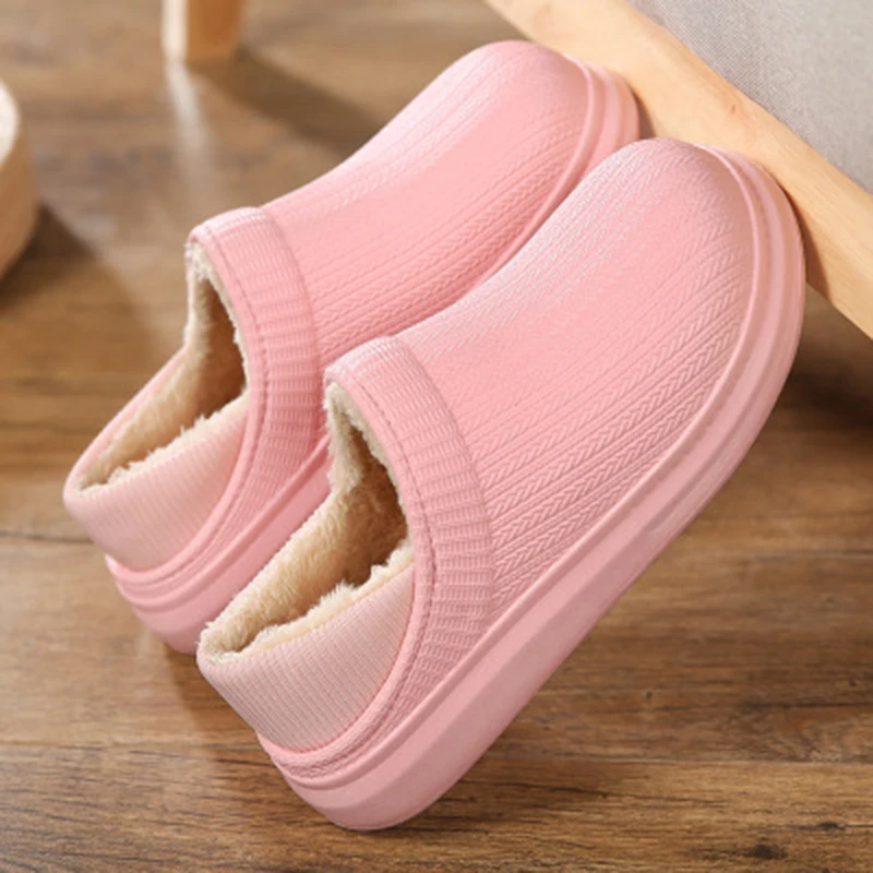 2022 Winter New Cotton Slippers Female Solid Color Waterproof Warm And Velvet Cotton Shoes Men Thick-soled Couple Home Slippers