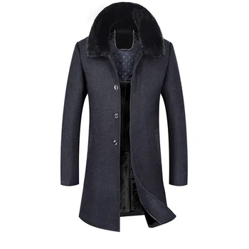 

New middle aged men's long Lapel woolen coat Plush thickened windbreaker coat collar
