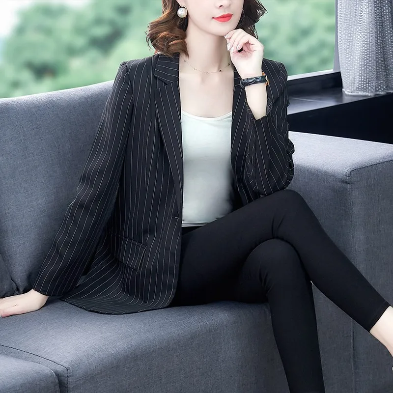 

Photo Shoot 2019 New Style Autumn Clothing CHIC Online Celebrity Small Suit Versatile Elegant Stripes Formal Wear Suit Coat Wome