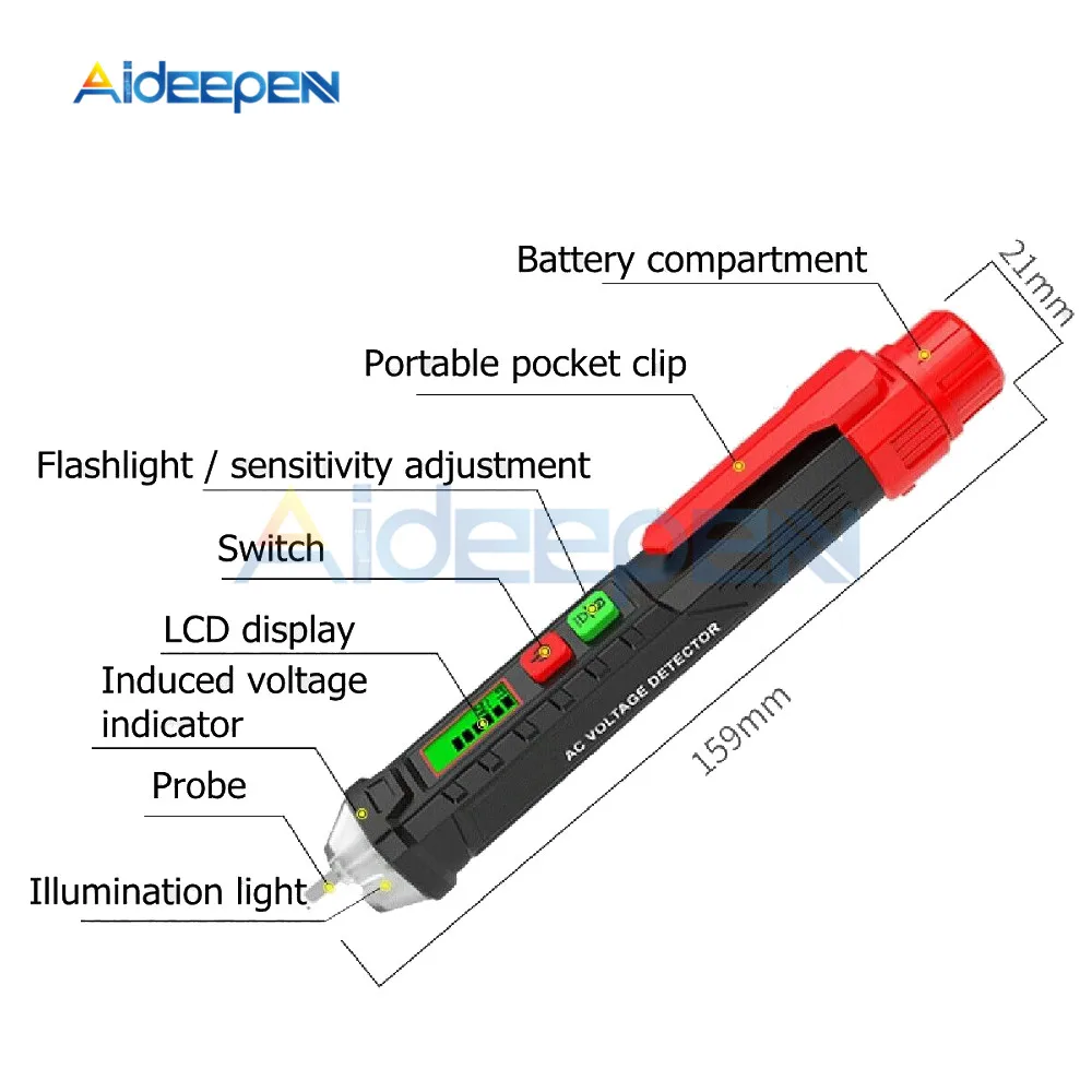 Бесконтактный детектор напряжения переменного тока 12-1000 В Регулируемая чувствительность интеллектуальная идентификация с фонариком вольтметр тестовая ручка