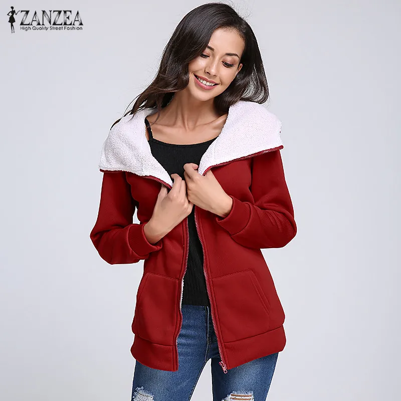  ZANZEA Women Winter Fleece Coats Hooded Sweatshirts 2019 Autumn Casual Loose Zipper Hoodies Tops Ja