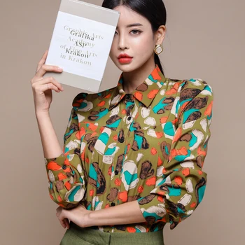 

COIGARSAM Fashion Print Shirt Womens tops New Spring Vintage Full Sleeve Women shirts 5037