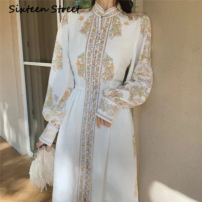 

New Spring Vintage Printed Woman Dress Long Puff sleeve single-breasted elegant party maxi dresses female fashion vestidos