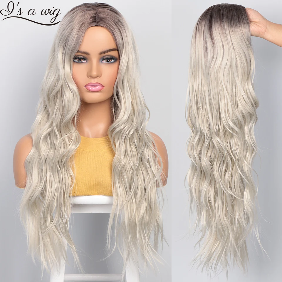 Big Sale Blonde Wig Synthetic-Wigs Grey Long-Wavy Black Ombre Women Middle-Part for Red I's QLXNX808y
