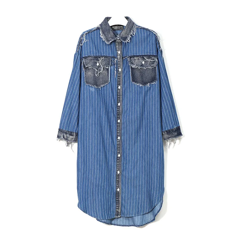 [EAM] Women Blue Striped Denim Big Size Shirt Dress New Lapel Long Sleeve Loose Fit Fashion Tide Spring Autumn 19A-a282