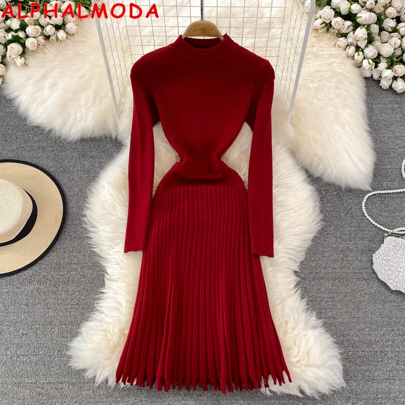 Женское платье в стиле ретро ALPHALMODA элегантное Плиссированное вязаное облегающее