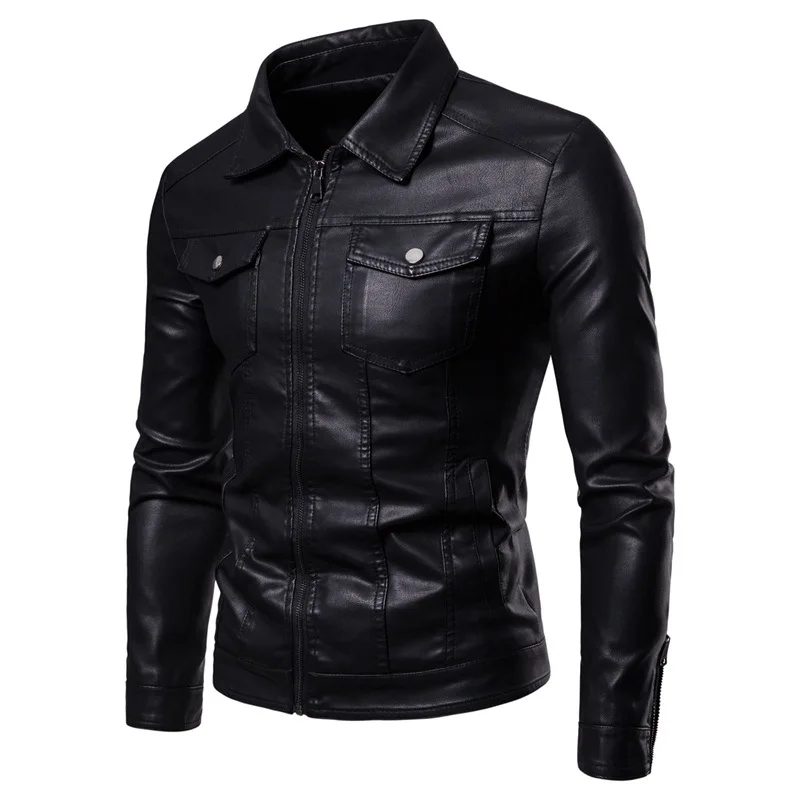 

2019 Autumn And Winter New Style Men Trend Fold-down Collar Jacket Stereo Multi-pockets Pu Washing Leather Coat Men's